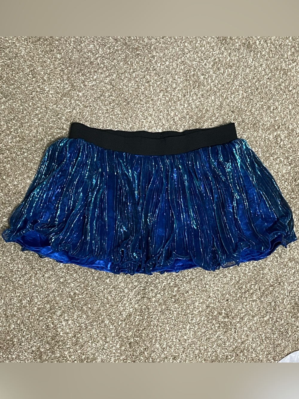 Blue Metallic Pleated Women’s Skirt with Black Waistband